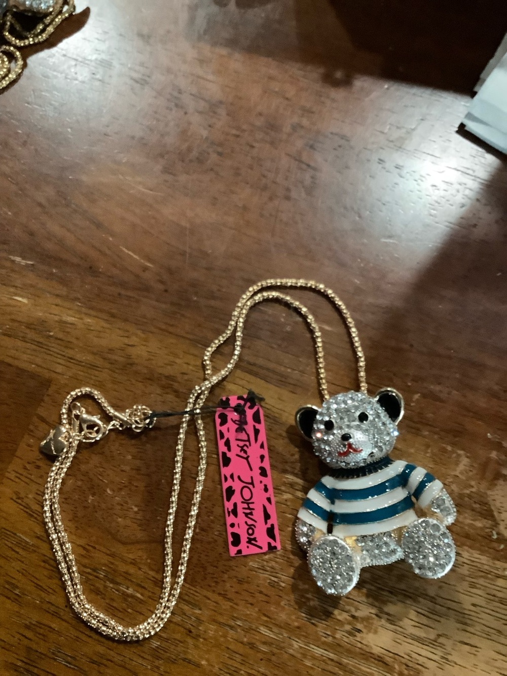 Betsey Johnson Gold Chain Teddy Pendant with Blue & White Stripes